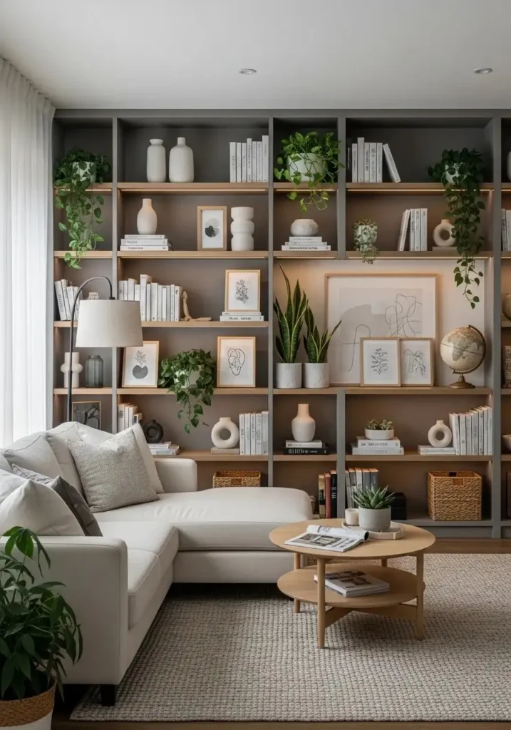 Floor-to-ceiling built-in shelves in living room with books and decor creating a stylish look