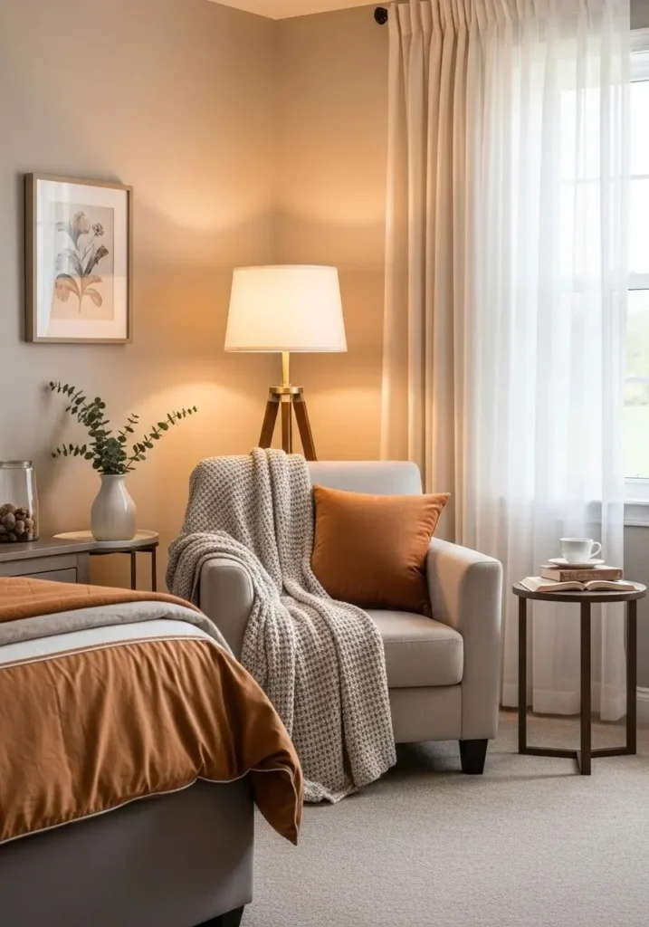 Full guest bedroom seating corner relaxing comfortable cozy private space