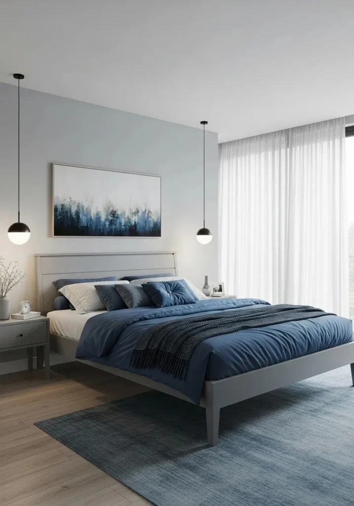 Blue and grey modern bedroom with sleek furniture and a calm, minimal design