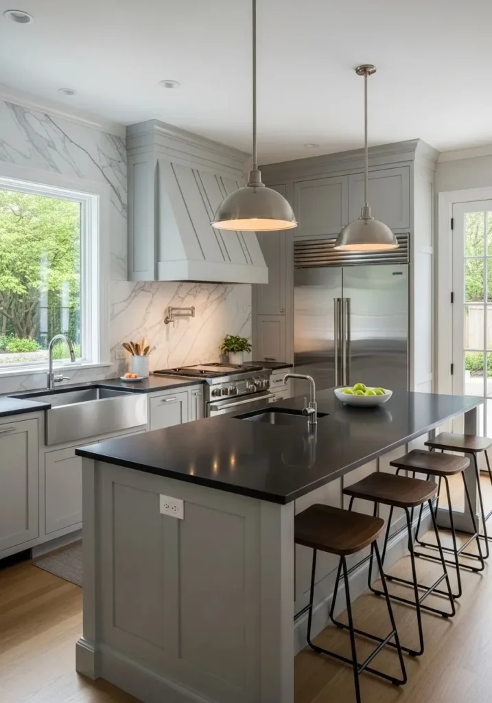 Black countertops with marble backsplash in a modern kitchen.