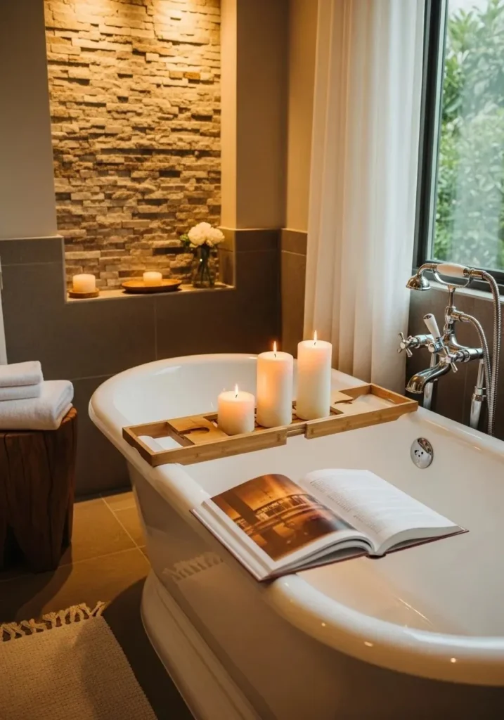 Bathtub tray with candles and book creating relaxing spa feel