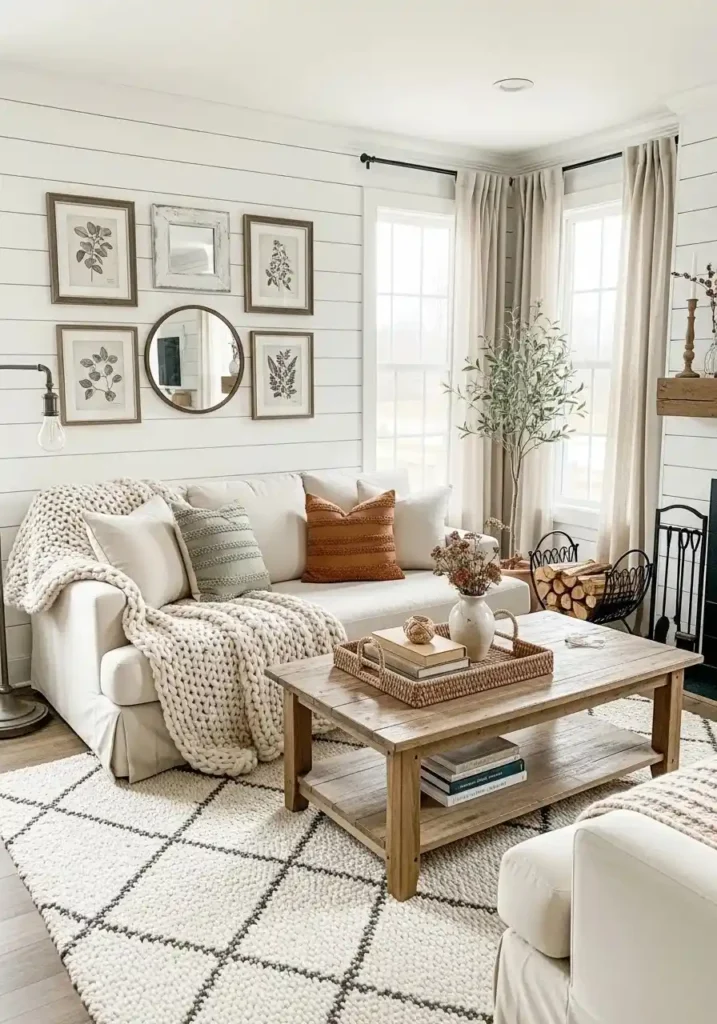 Shiplap accent wall in living room with cozy farmhouse style