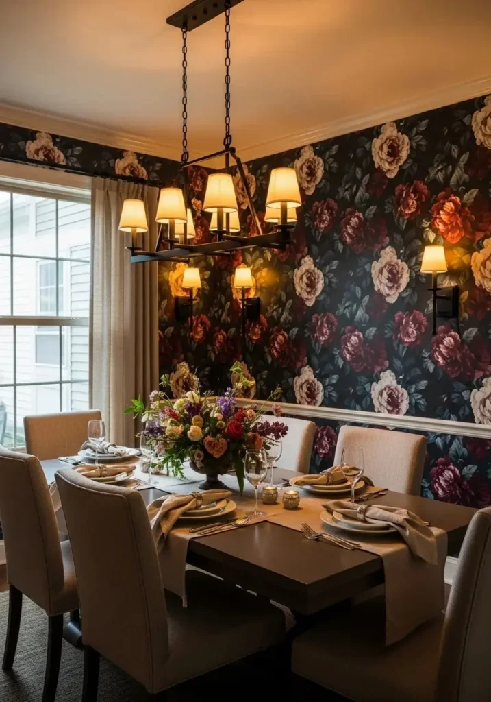 bold floral wallpaper dining room dramatic statement wall
