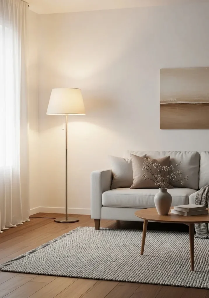 Floor lamp with fabric shade creating soft lighting in living room