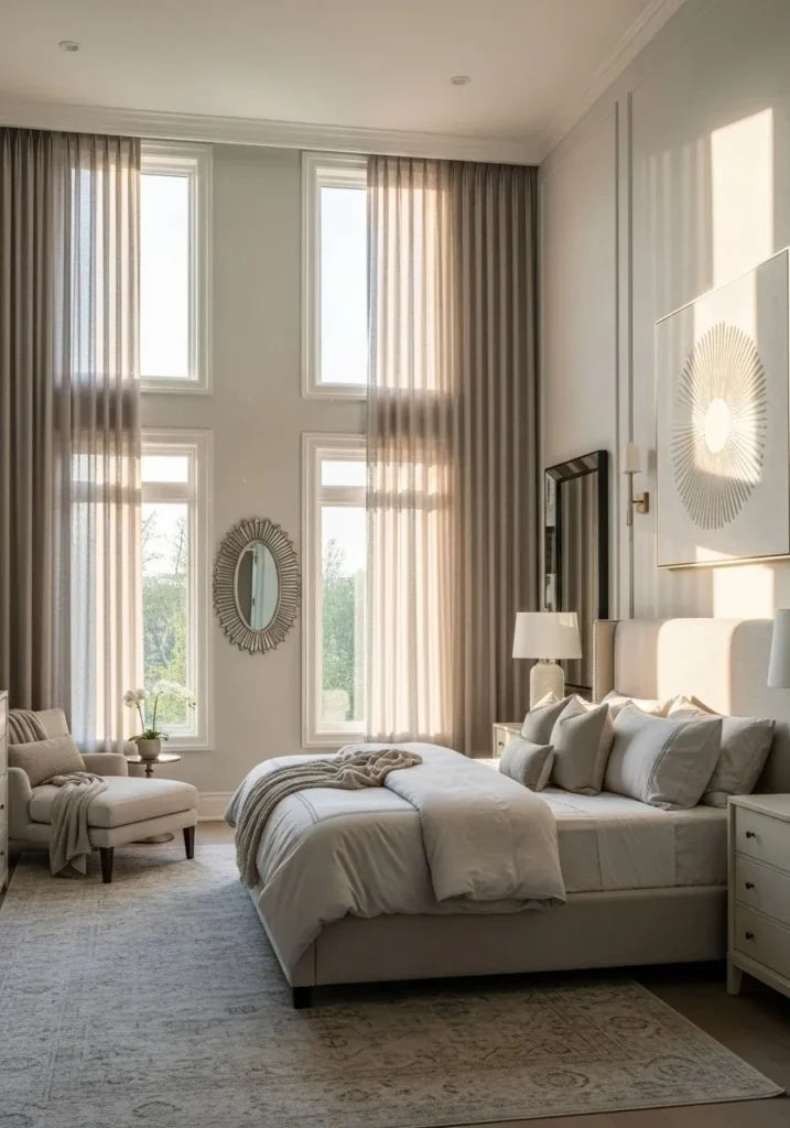 master bedroom with floor to ceiling curtains and tall windows