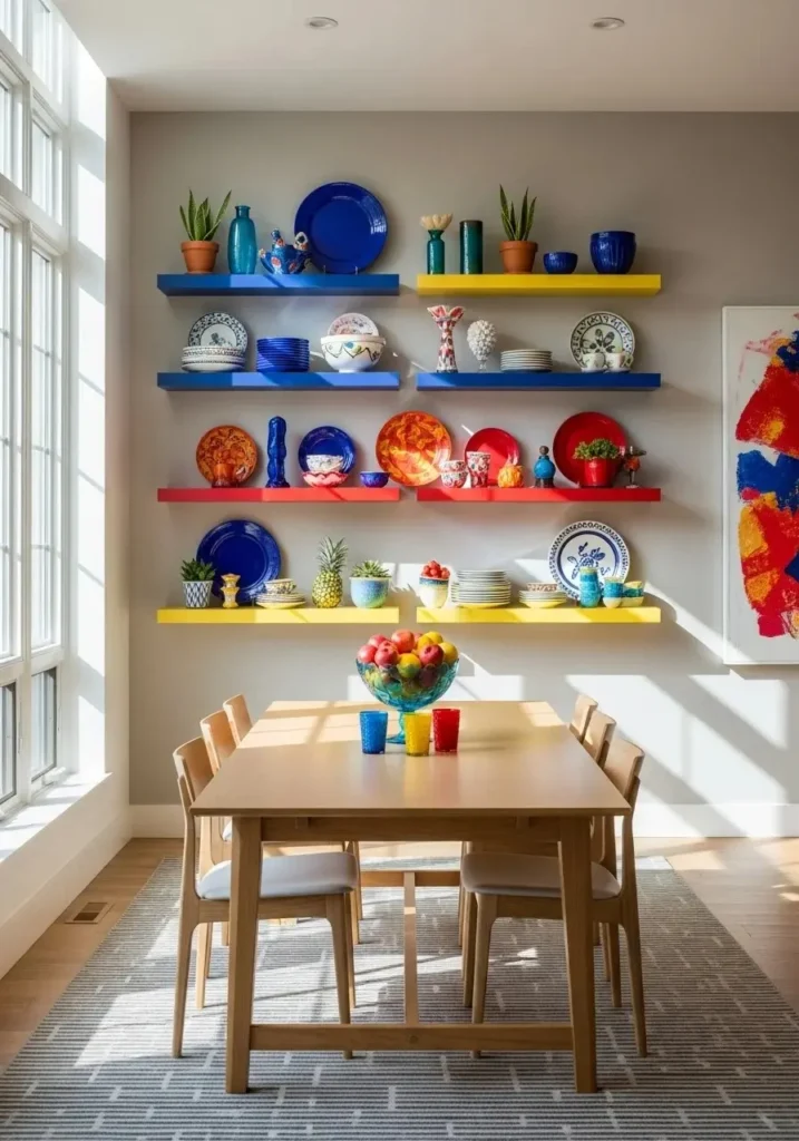 Dining room with colorful floating shelves displaying decor items.
