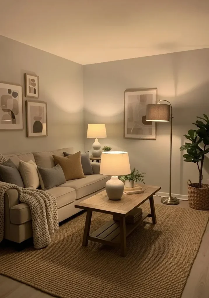 Small apartment living room with layered warm lighting.