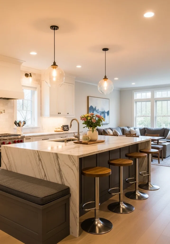 waterfall kitchen island with seating modern open concept