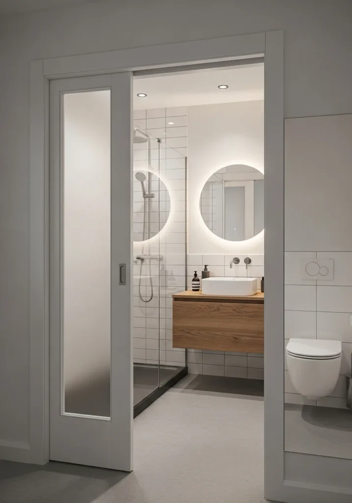 Pocket door entry maximizing space in a small shower bathroom