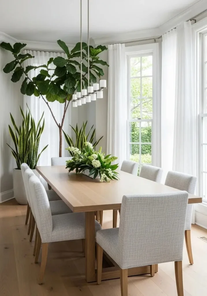 dining room decorated with indoor plants and natural greenery
