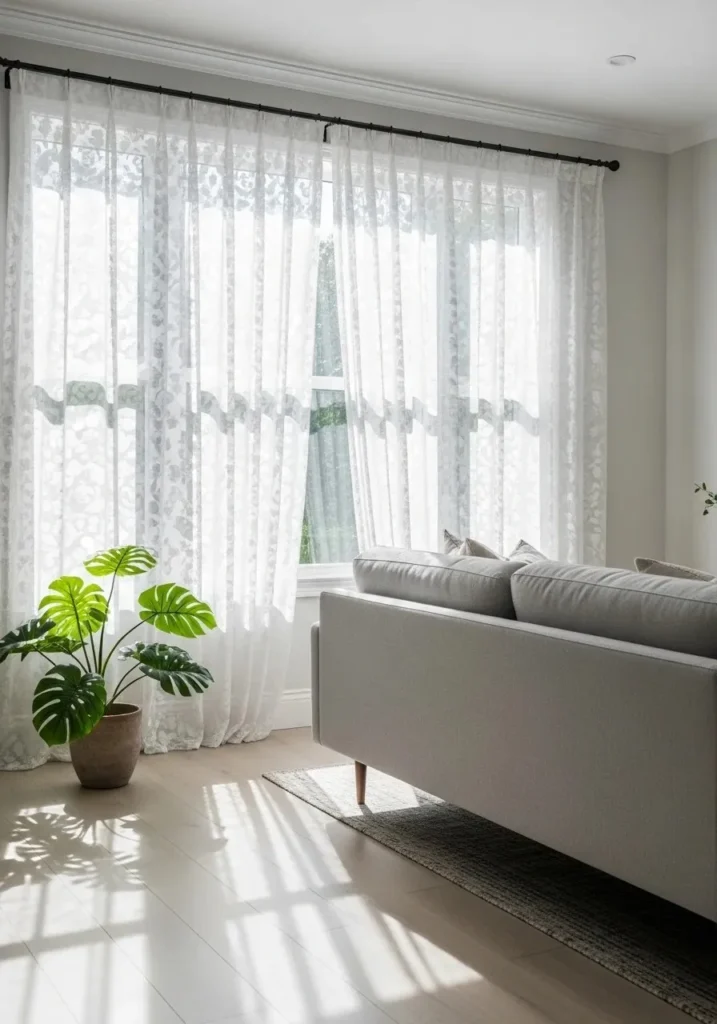 Patterned sheer curtains softly filtering light while adding subtle design to a living room.