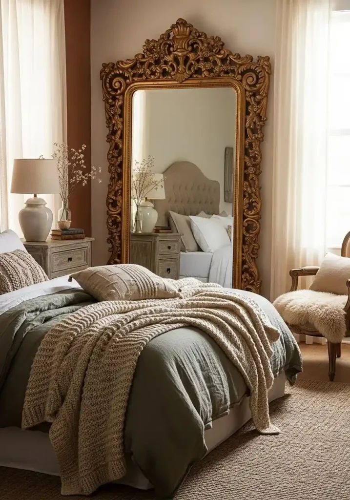 vintage ornate mirror adding character to bedroom decor