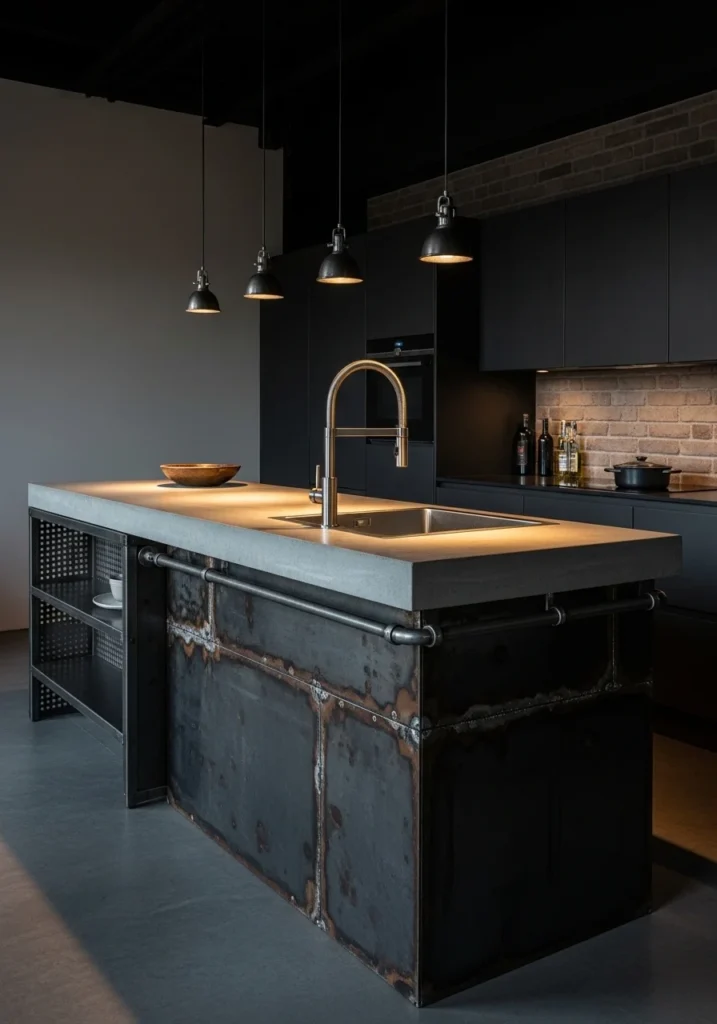 Industrial kitchen island with metal sink and concrete countertop