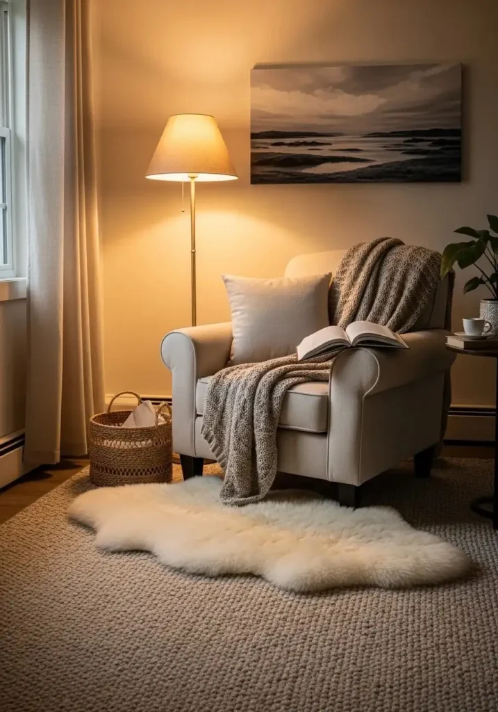 Sheepskin accent rug layered over neutral area rug for luxury and comfort