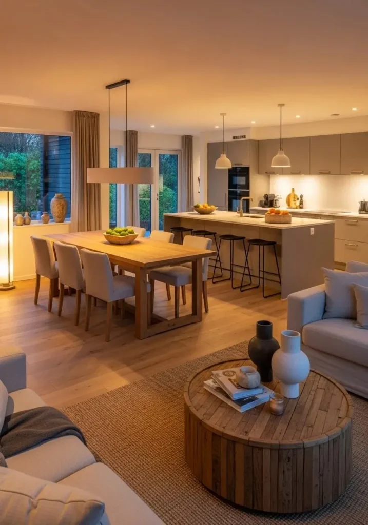 Open concept space with layered lighting defining living and dining zones