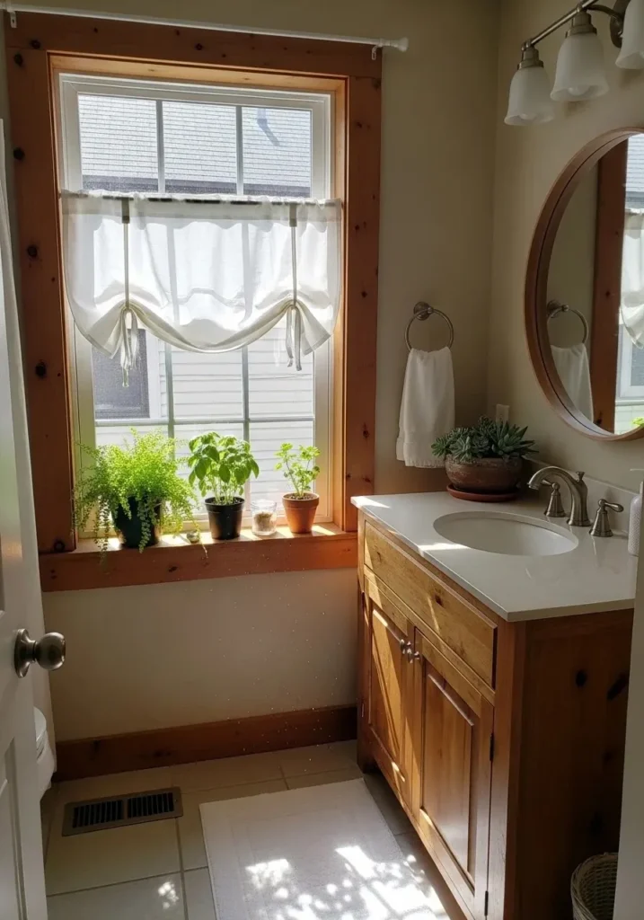 Bathroom with cafe curtains covering the lower half of the window, allowing sunlight in while maintaining privacy.
