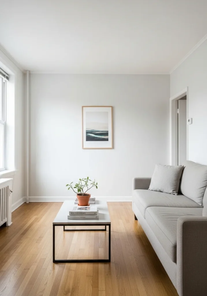 Minimal styled apartment living room with simple decor accents.