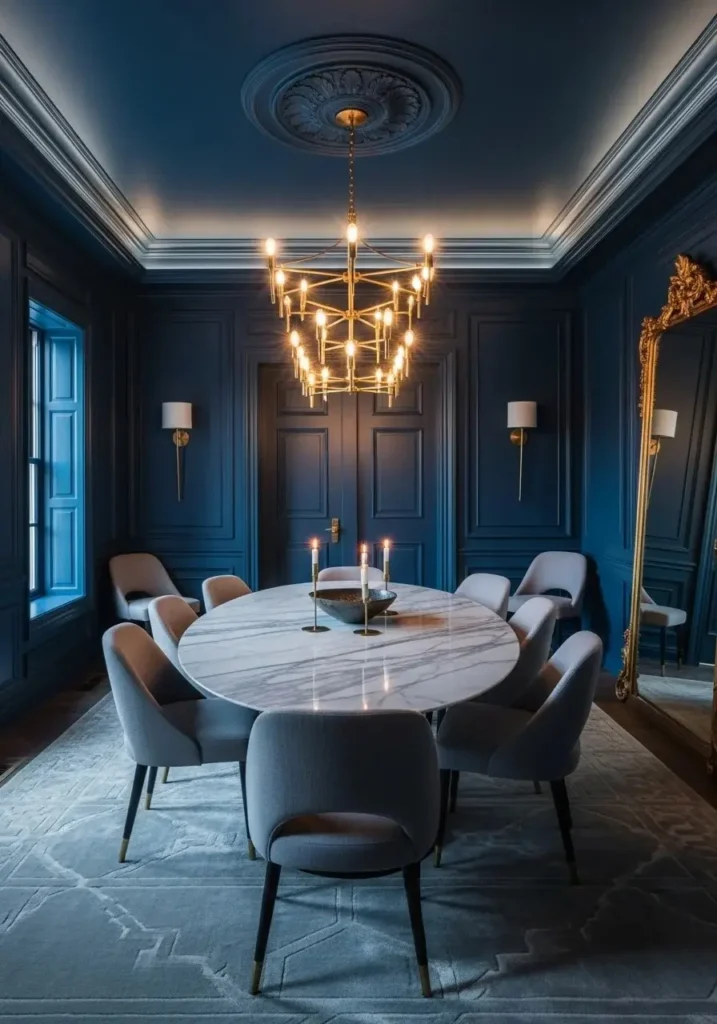 Deep navy color drenched dining room with brass lighting and marble table.