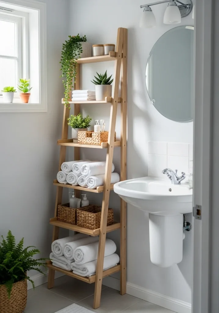 ladder shelf vertical storage for small bathroom