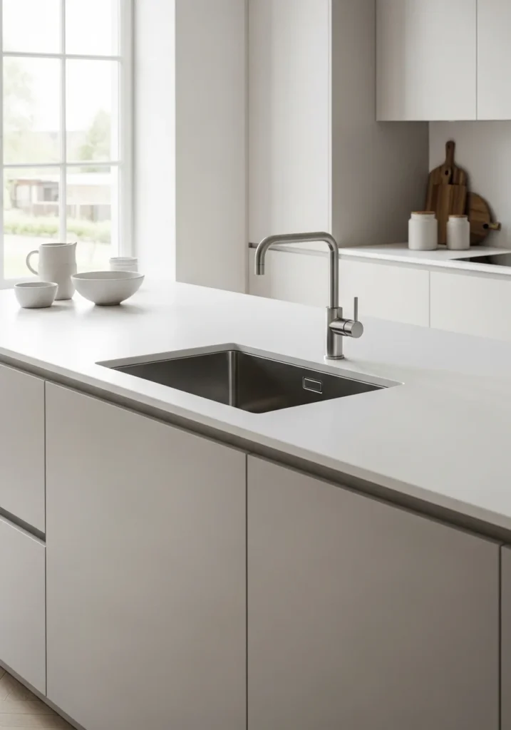 Modern minimalist kitchen island with seamless integrated sink