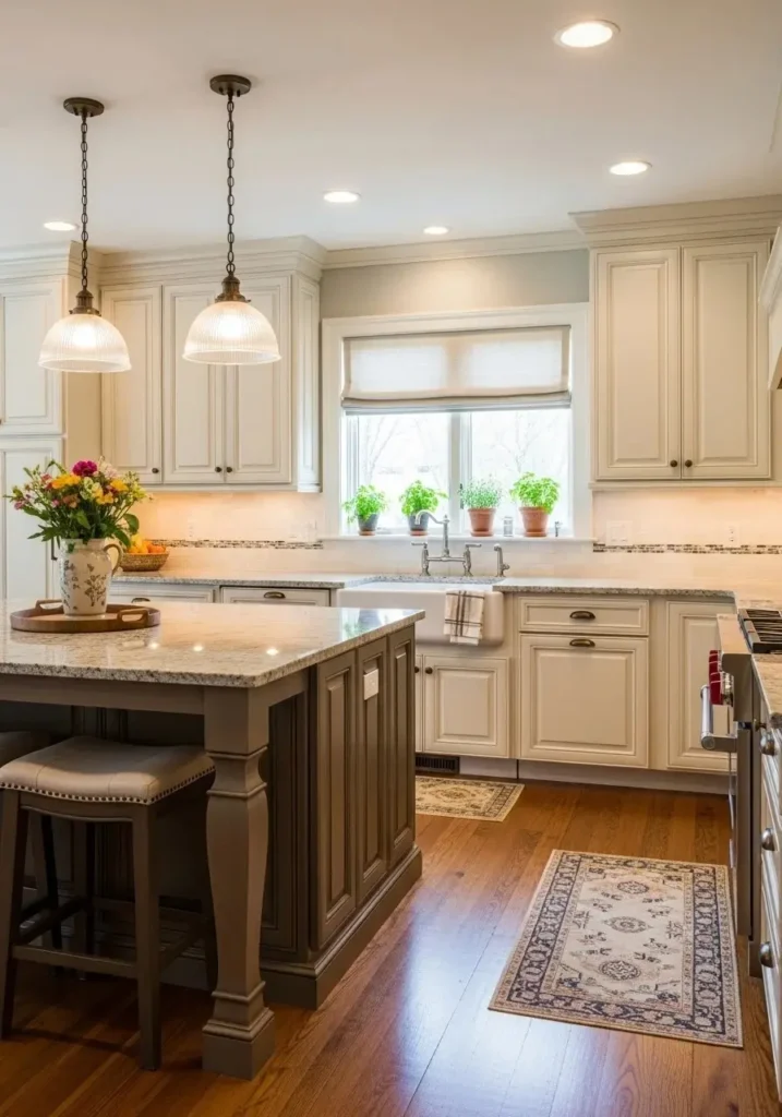 Kitchen with creamy off-white cabinets and wood flooring.