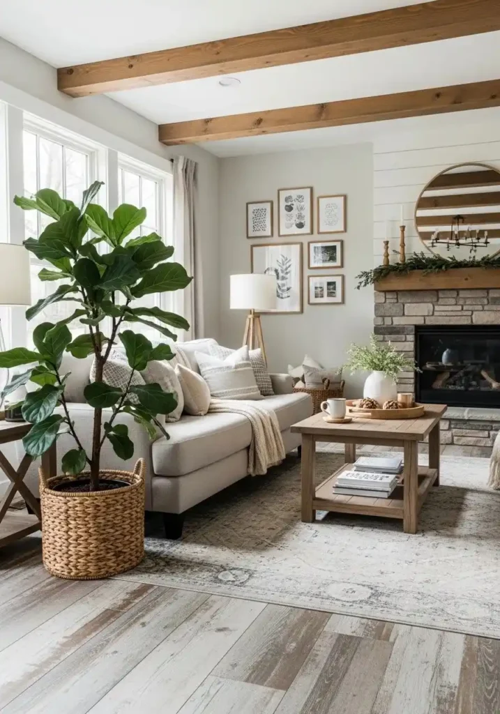 plants in farmhouse living room decor