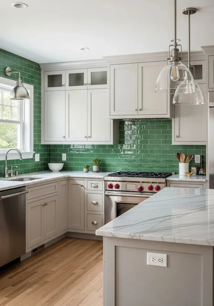 Kitchen with green tile backsplash, neutral cabinets, and marble countertops.