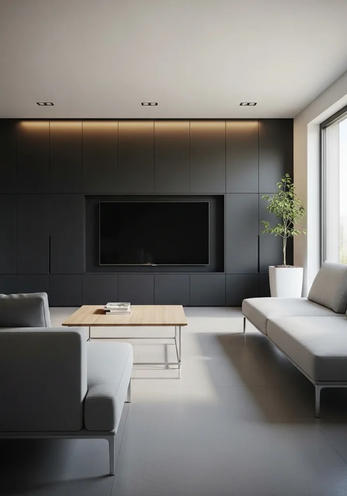 TV wall with hidden storage cabinets.