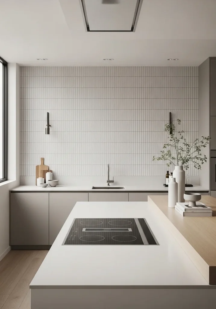 Vertical stacked tile backsplash in modern minimalist kitchen