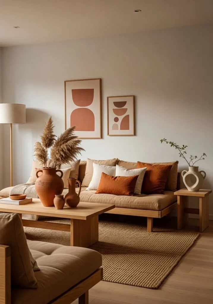 Japandi living room with earthy accents like terracotta and clay tones