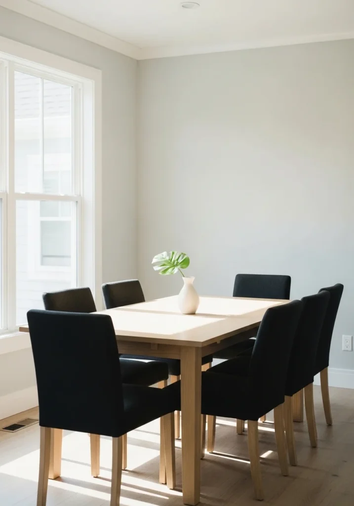 Black dining chairs paired with light wood table in a bright and modern dining room.