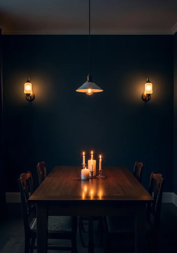 Moody dining room with warm layered lighting and candles.