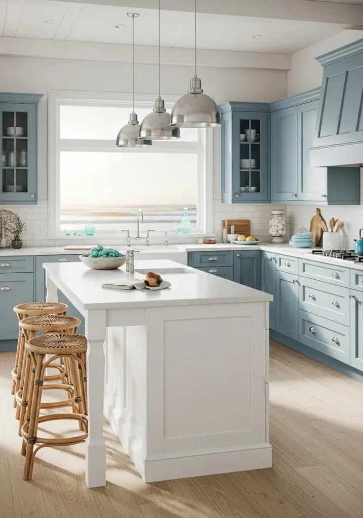 Coastal U-shaped kitchen with blue cabinets and white island, airy seaside vibe.