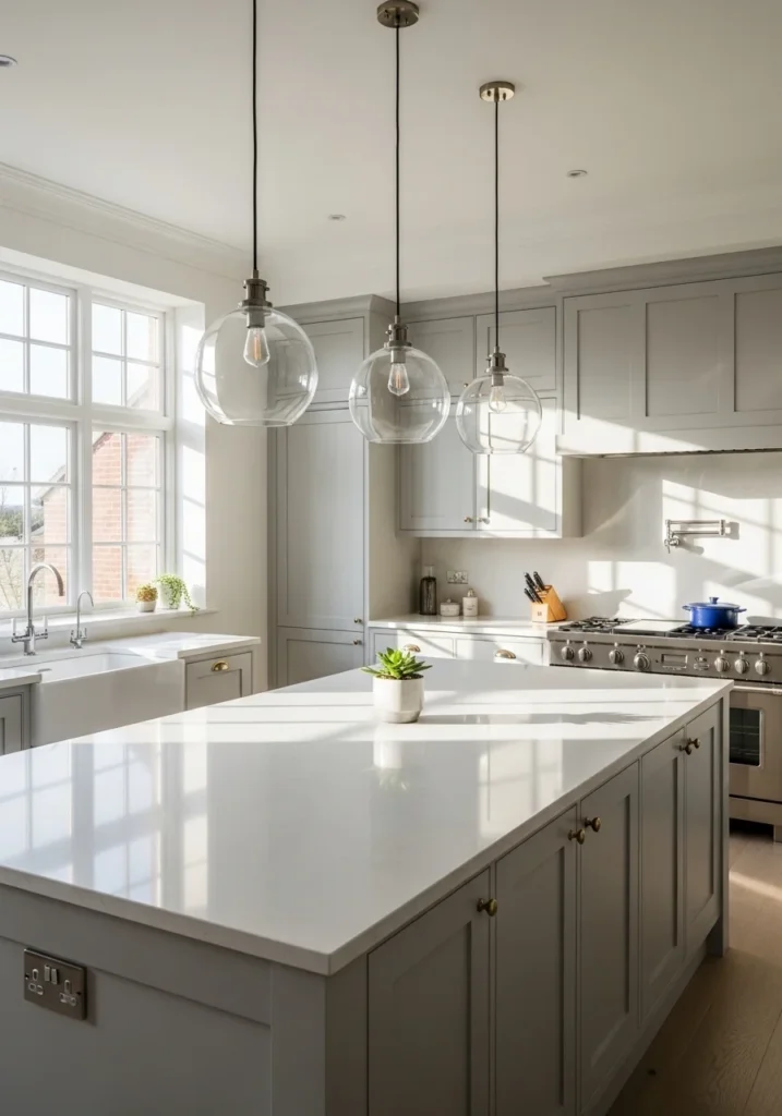 Clear glass pendant lights above a bright kitchen island for an open and airy feel.