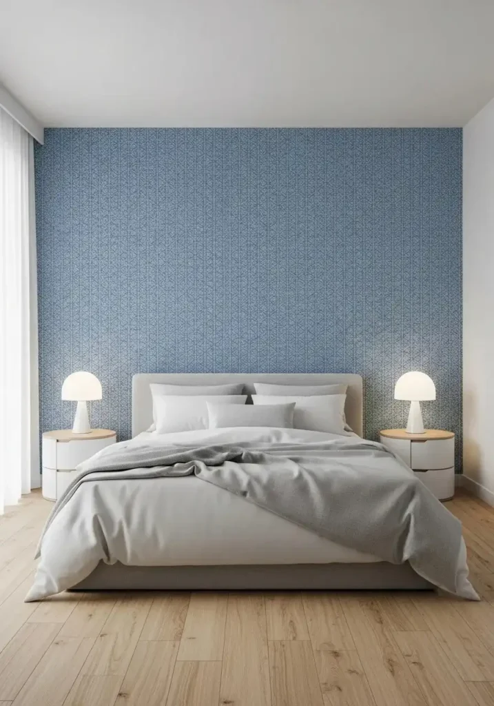 Blue wallpaper feature wall adding pattern and depth to a modern bedroom