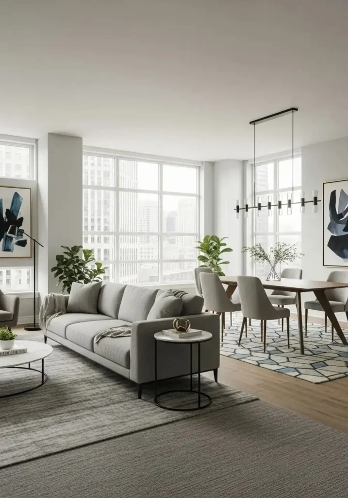 Living room dining room combo layout defined with two separate area rugs