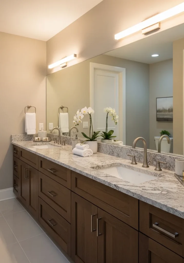 Luxury double sink vanity with stone countertops and modern fixtures.