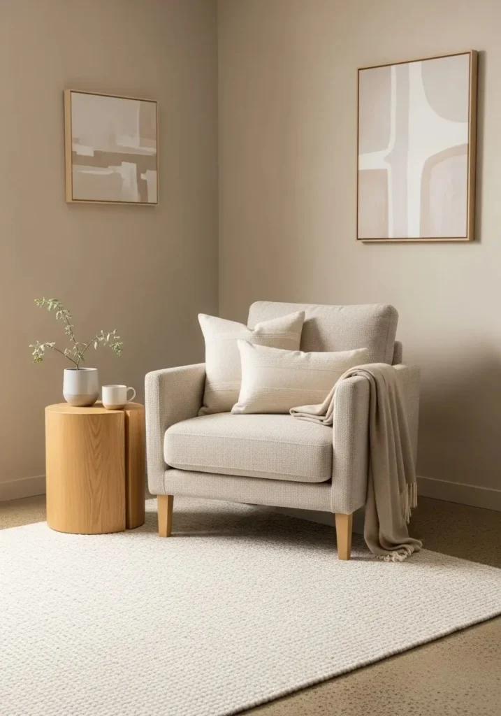 Neutral accent chair creating calm living room style