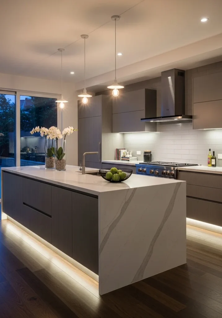 waterfall island kitchen with LED lighting modern ambiance