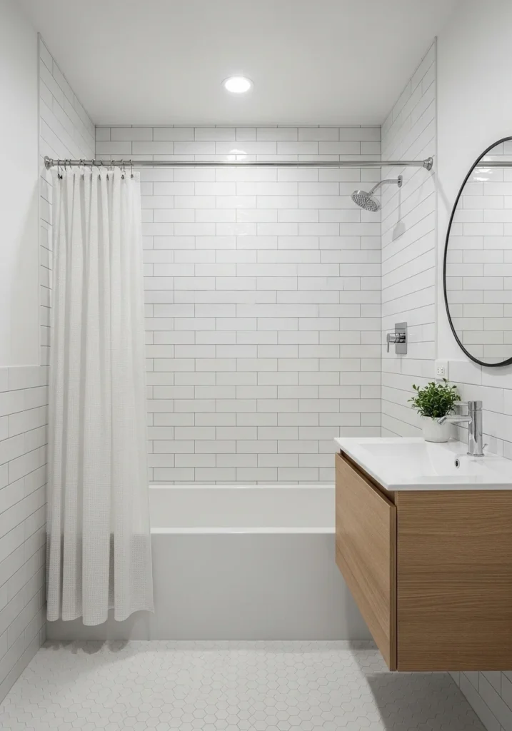 Compact alcove bathtub design in a small bathroom with white tiles