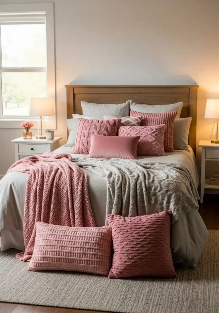 Textured pink throw pillows on bed with cozy layered blankets