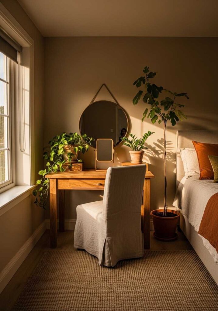 wooden vanity bedroom natural warm cozy decor idea