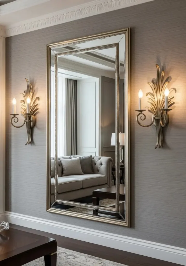 Statement wall sconces adding light and style in living room.