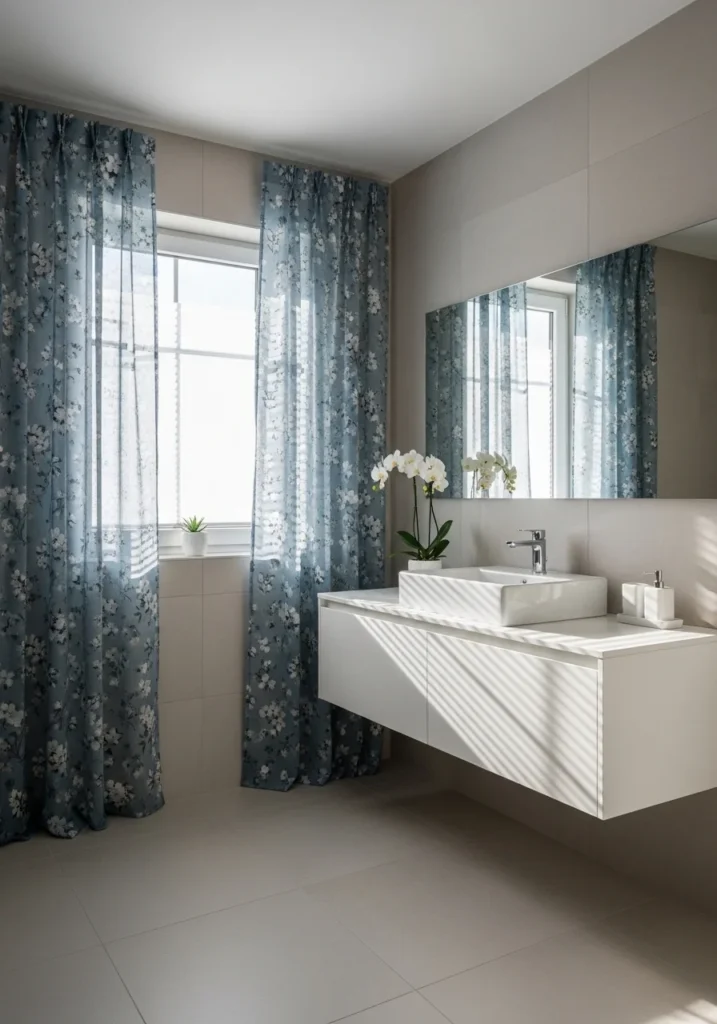 Bathroom window with patterned curtains adding a bold and stylish focal point.