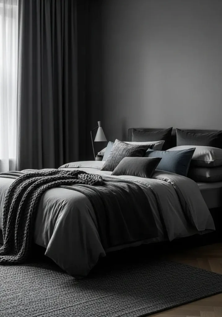 Dark gray bedroom with layered textures and soft decor.