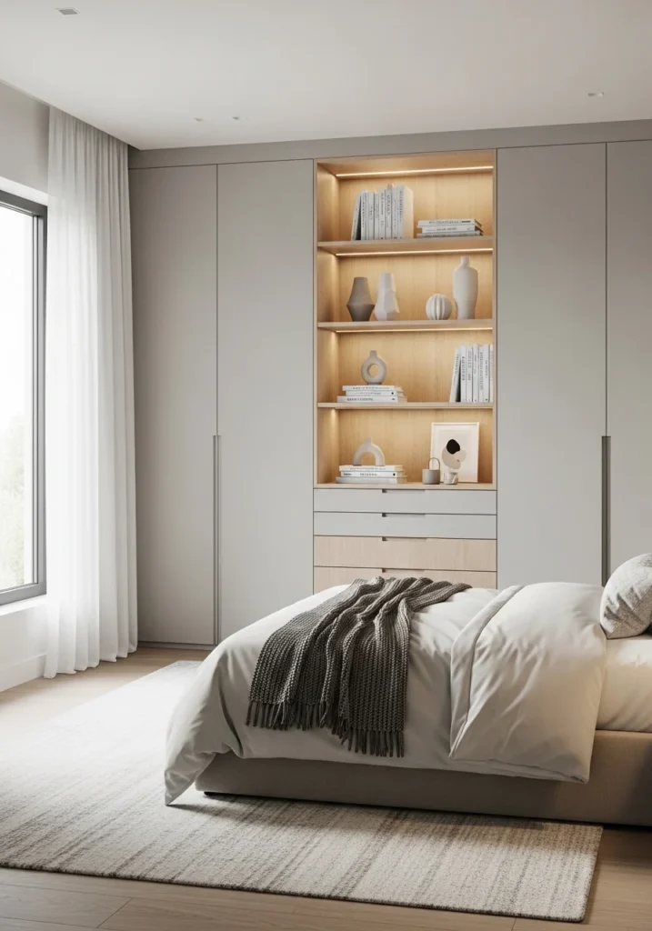 master bedroom with built in storage and wardrobes