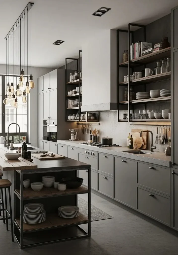Industrial long kitchen featuring a metal and wood island, matte gray cabinets, and pendant lighting.