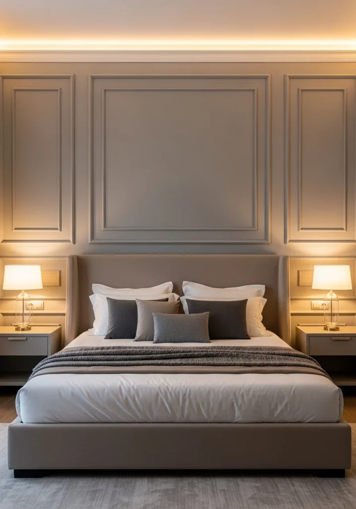 small bedroom with floating nightstand shelves beside bed, lamp, books and small plant on shelf, minimalist design