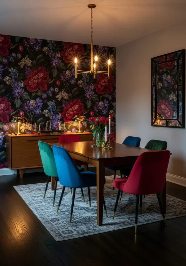 Moody dining room with dark patterned wallpaper accent wall.