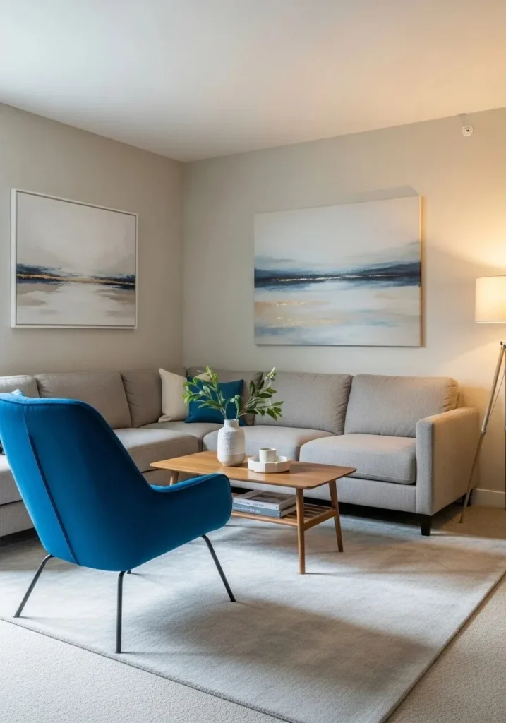 Apartment living room with neutral base and bold blue accent chair.